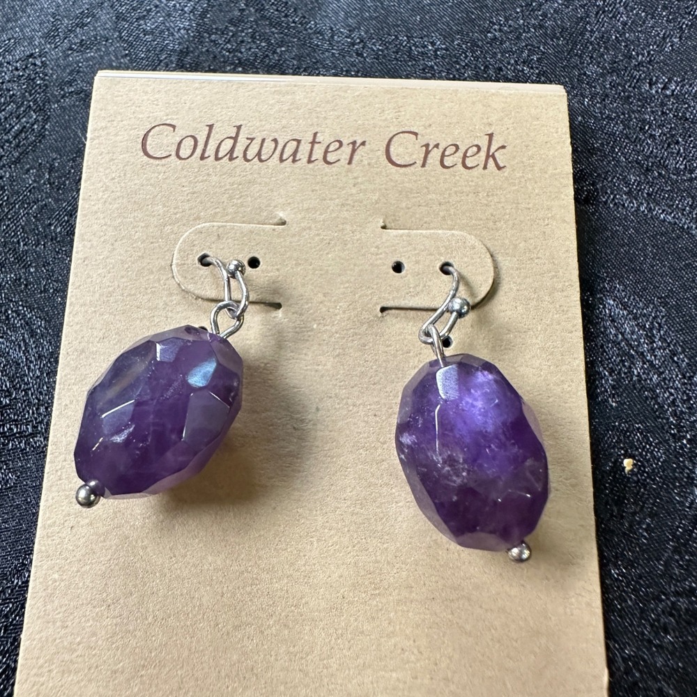 Coldwater Creek Aurora Faceted Amethyst Drop Earrings Purple Silver Boho NWT